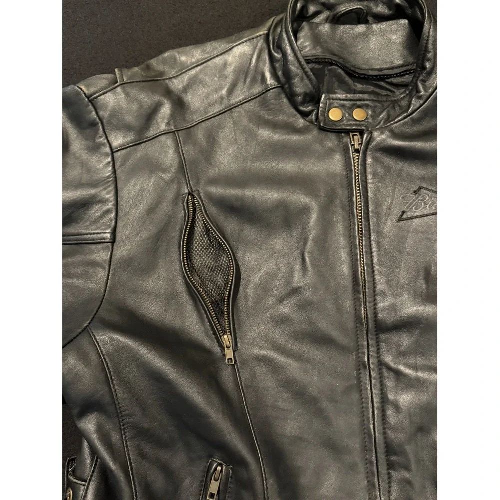 Budweiser Vintage Black Leather Embroidered Jacket Mens XL